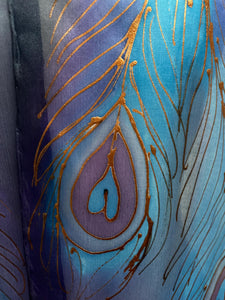 Peacock Feathers Design Hand Painted Silk Neck Scarf in Dark Blue, Purple, Blue