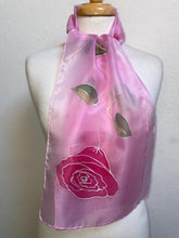 Load image into Gallery viewer, Roses Design Hand Painted Silk Neck Scarf in Hot Pink, Pink, Green, Silver
