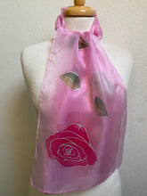 Load image into Gallery viewer, Roses Design Hand Painted Silk Neck Scarf in Hot Pink, Pink, Green, Silver
