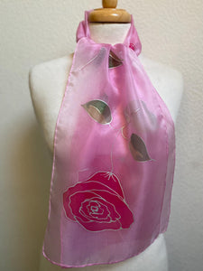 Roses Design Hand Painted Silk Neck Scarf in Hot Pink, Pink, Green, Silver