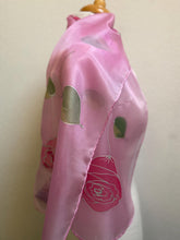 Load image into Gallery viewer, Roses Design Hand Painted Silk Neck Scarf in Hot Pink, Pink, Green, Silver
