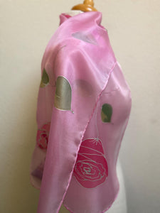 Roses Design Hand Painted Silk Neck Scarf in Hot Pink, Pink, Green, Silver