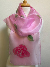 Load image into Gallery viewer, Roses Design Hand Painted Silk Neck Scarf in Hot Pink, Pink, Green, Silver
