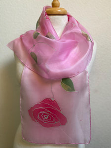 Roses Design Hand Painted Silk Neck Scarf in Hot Pink, Pink, Green, Silver