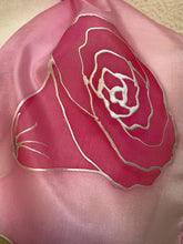 Load image into Gallery viewer, Roses Design Hand Painted Silk Neck Scarf in Hot Pink, Pink, Green, Silver
