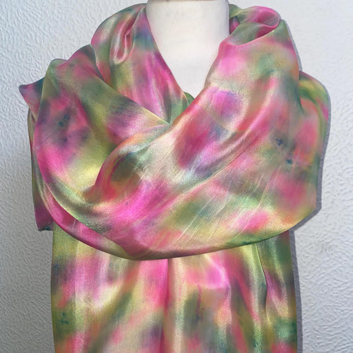 Hand Dyed Long Silk Scarf in Watermelon Colours