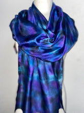 Load image into Gallery viewer, Hand Dyed Long Silk Scarf in Navy Black Purple
