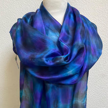 Load image into Gallery viewer, Hand Dyed Long Silk Scarf in Navy Black Purple
