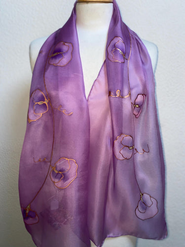 Sweet Pea Design Long Scarf : Hand Painted Silk in Orchid Pink Copper