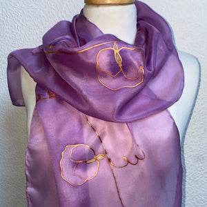 Sweet Pea Design Long Scarf : Hand Painted Silk in Orchid Pink Copper