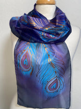 Load image into Gallery viewer, Peacock Feathers Design Hand Painted Silk Neck Scarf in Dark Blue, Purple, Blue
