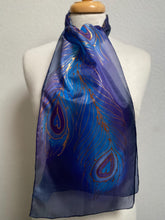 Load image into Gallery viewer, Peacock Feathers Design Hand Painted Silk Neck Scarf in Dark Blue, Purple, Blue
