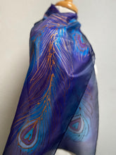 Load image into Gallery viewer, Peacock Feathers Design Hand Painted Silk Neck Scarf in Dark Blue, Purple, Blue
