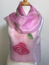 Load image into Gallery viewer, Roses Design Hand Painted Silk Neck Scarf in Hot Pink, Pink, Green, Silver
