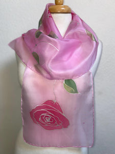 Roses Design Hand Painted Silk Neck Scarf in Hot Pink, Pink, Green, Silver