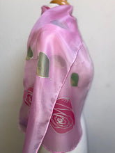 Load image into Gallery viewer, Roses Design Hand Painted Silk Neck Scarf in Hot Pink, Pink, Green, Silver
