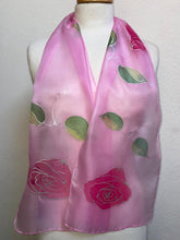 Load image into Gallery viewer, Roses Design Hand Painted Silk Neck Scarf in Hot Pink, Pink, Green, Silver
