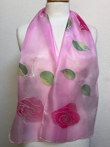 Roses Design Hand Painted Silk Neck Scarf in Hot Pink, Pink, Green, Silver