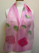 Load image into Gallery viewer, Roses Design Hand Painted Silk Neck Scarf in Hot Pink, Pink, Green, Silver
