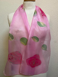 Roses Design Hand Painted Silk Neck Scarf in Hot Pink, Pink, Green, Silver