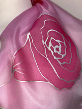 Load image into Gallery viewer, Roses Design Hand Painted Silk Neck Scarf in Hot Pink, Pink, Green, Silver
