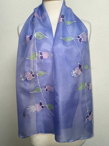 Fuchsia Design Long Scarf : Hand Painted Silk in Lavender Pink Silver