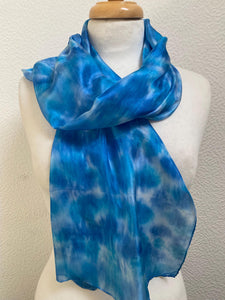 Hand Dyed Silk Neck Scarf in Turquoise Blue Azure White by Designer Silk Artist