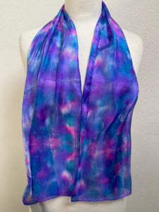 Hand Dyed Silk Neck Scarf in Blue Purple Navy White by Designer Silk Artist
