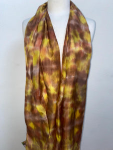Hand Dyed Long Silk Scarf in Tan Brown Golden Yellow