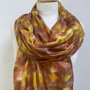 Hand Dyed Long Silk Scarf in Tan Brown Golden Yellow