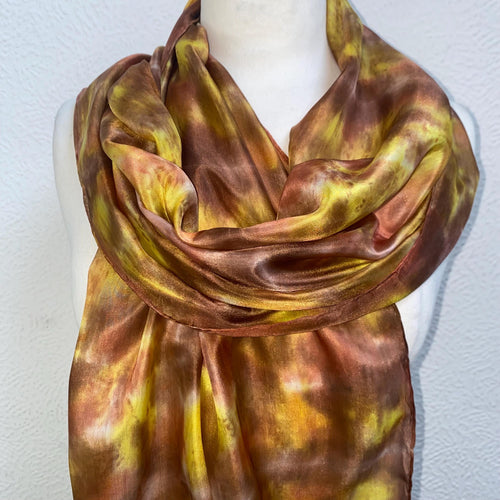 Hand Dyed Long Silk Scarf in Tan Brown Golden Yellow