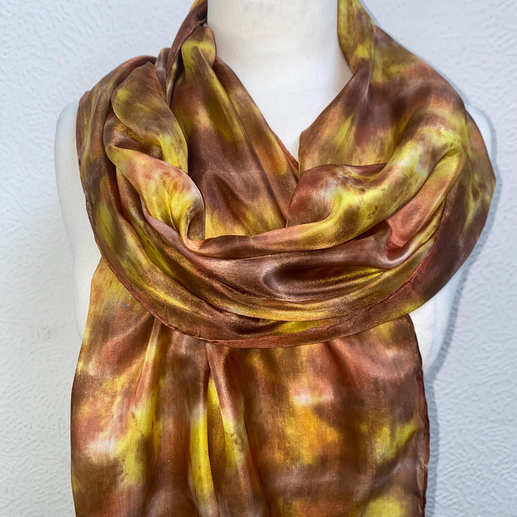 Hand Dyed Long Silk Scarf in Tan Brown Golden Yellow