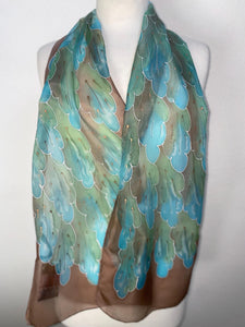 Leaves Design Hand Painted Silk Neck Scarf in Brown Aqua