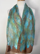 Load image into Gallery viewer, Leaves Design Hand Painted Silk Neck Scarf in Brown Aqua
