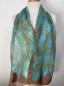 Leaves Design Hand Painted Silk Neck Scarf in Brown Aqua