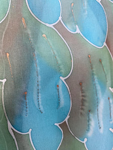Leaves Design Hand Painted Silk Neck Scarf in Brown Aqua