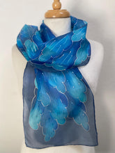 Load image into Gallery viewer, Leaves Design Hand Painted Silk Neck Scarf in Blues
