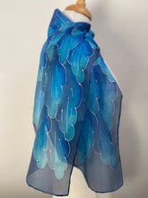 Load image into Gallery viewer, Leaves Design Hand Painted Silk Neck Scarf in Blues
