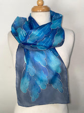 Load image into Gallery viewer, Leaves Design Hand Painted Silk Neck Scarf in Blues
