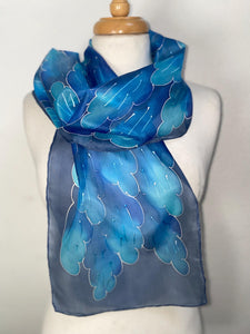 Leaves Design Hand Painted Silk Neck Scarf in Blues