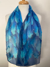 Load image into Gallery viewer, Leaves Design Hand Painted Silk Neck Scarf in Blues
