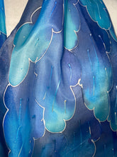 Load image into Gallery viewer, Leaves Design Hand Painted Silk Neck Scarf in Blues
