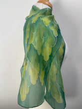 Load image into Gallery viewer, Leaves Design Hand Painted Silk Neck Scarf in Greens
