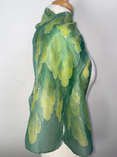 Load image into Gallery viewer, Leaves Design Hand Painted Silk Neck Scarf in Greens
