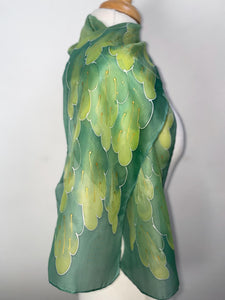 Leaves Design Hand Painted Silk Neck Scarf in Greens