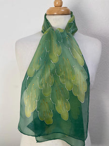 Leaves Design Hand Painted Silk Neck Scarf in Greens