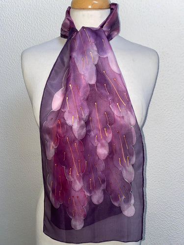 Leaves Design Hand Painted Silk Neck Scarf in Pinks Burgundy