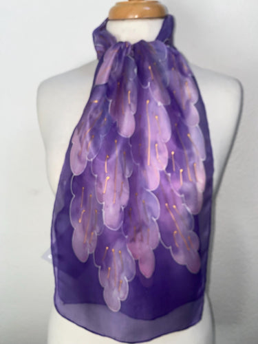 Leaves Design Hand Painted Silk Neck Scarf in Lilac Purple