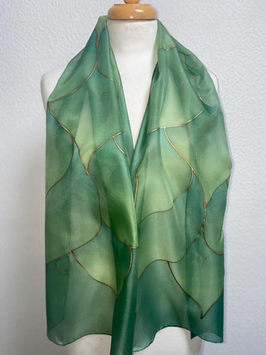 Flames Design Long Silk Scarf shades of Green : Hand Painted Silk