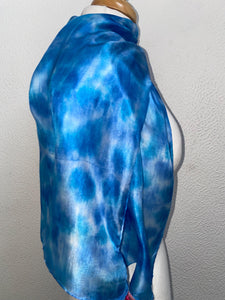 Hand Dyed Silk Neck Scarf in Turquoise Blue Azure White by Designer Silk Artist